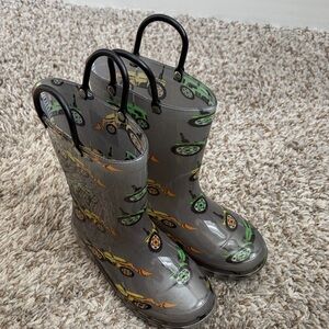 Kids Gray Rain Boots with Green & Yellow Tractor Print